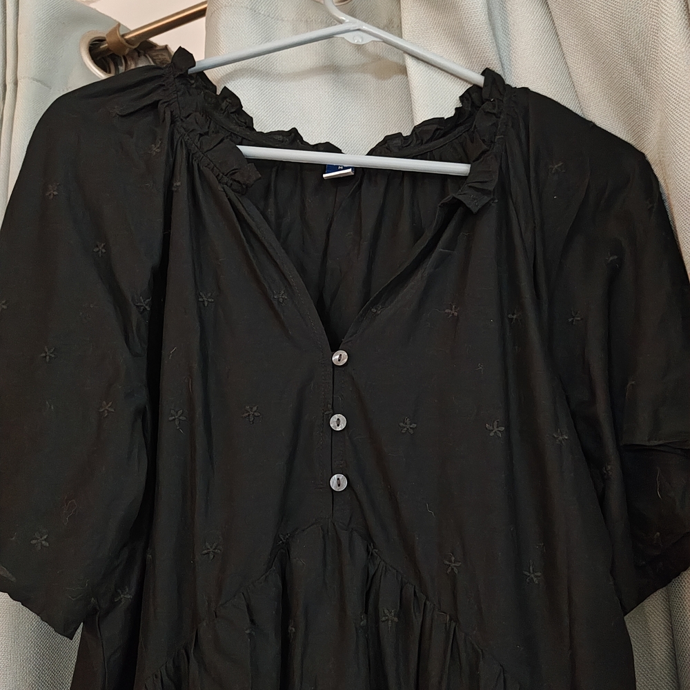 OLD NAVY Black Button-Front Embroidered Peasant Dress